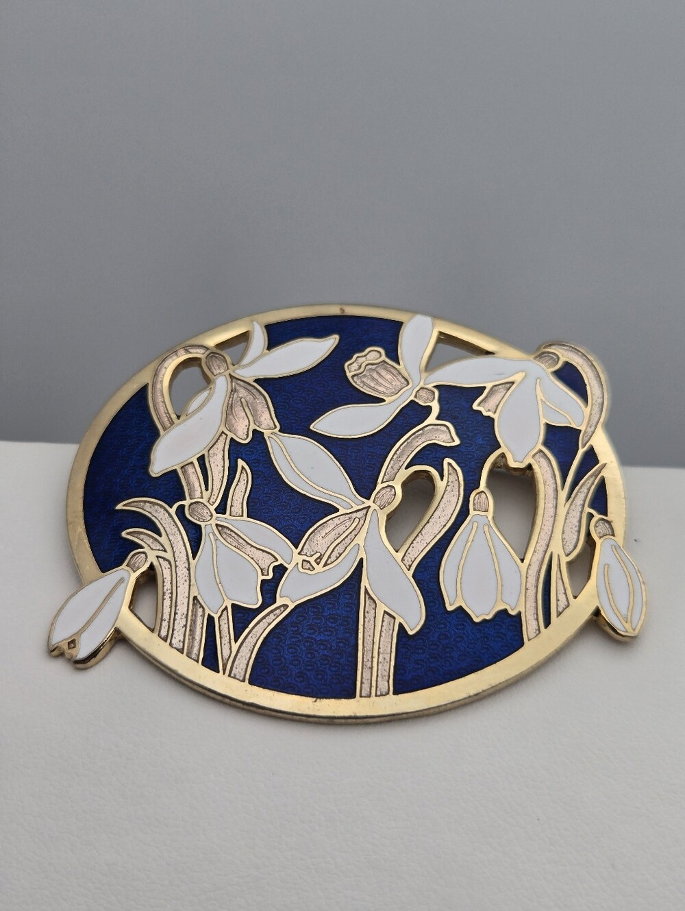 Snowdrop Flower Brooch Cobalt Blue 2" Vintage Fish & Crown Cloisonné